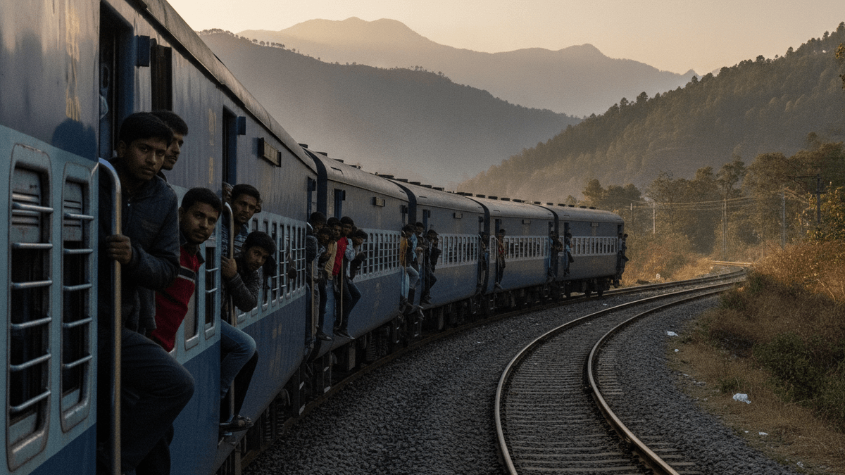 A six-coach blue passenger train is moving on a railway line through a valley, with many passengers standing in open doorways.