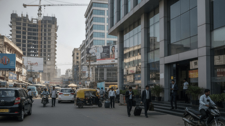 A street scene in an Indian city with a contemporary hotel on the right and a building under construction on the left.