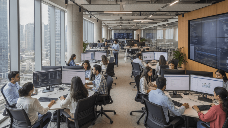 An open-plan office in India with many diverse professionals working at desks with multiple computer screens and large windows.
