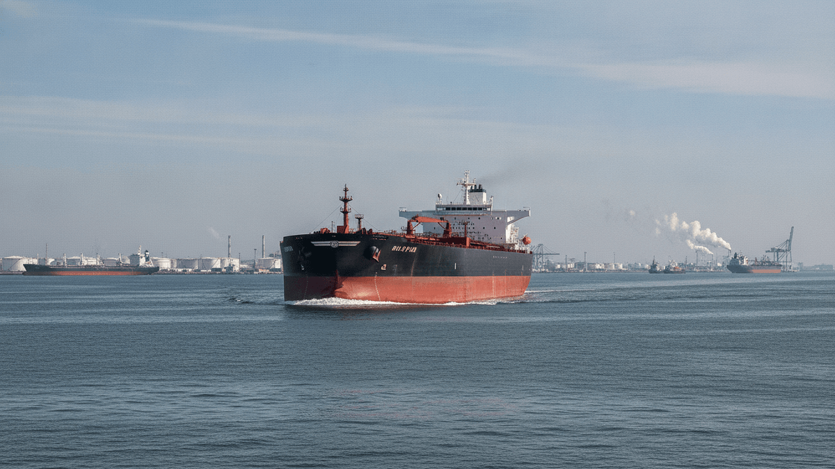 A very large crude carrier oil tanker navigates calm waters with an industrial port visible on the horizon.