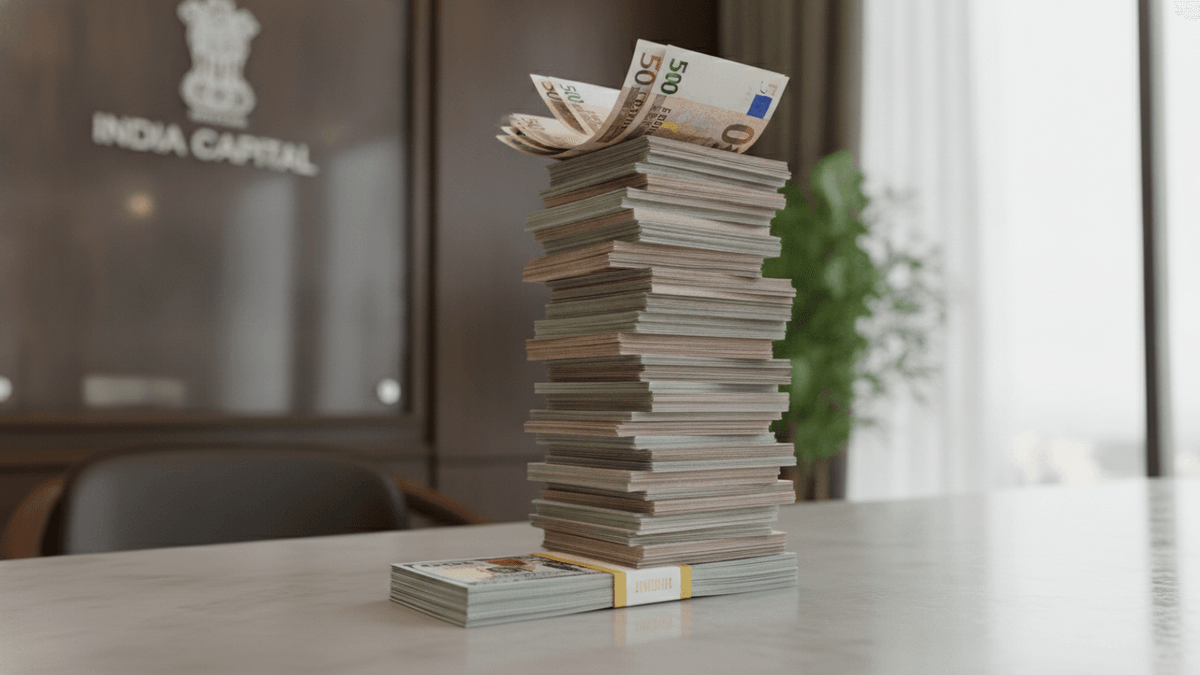 Stacks of US Dollars, Euros, and British Pounds on a desk, with a tall stack emerging from a smaller one.