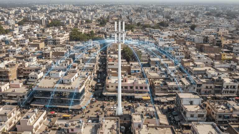 An aerial medium-wide shot of a modern 5G network antenna standing prominently in a dense Indian city.
