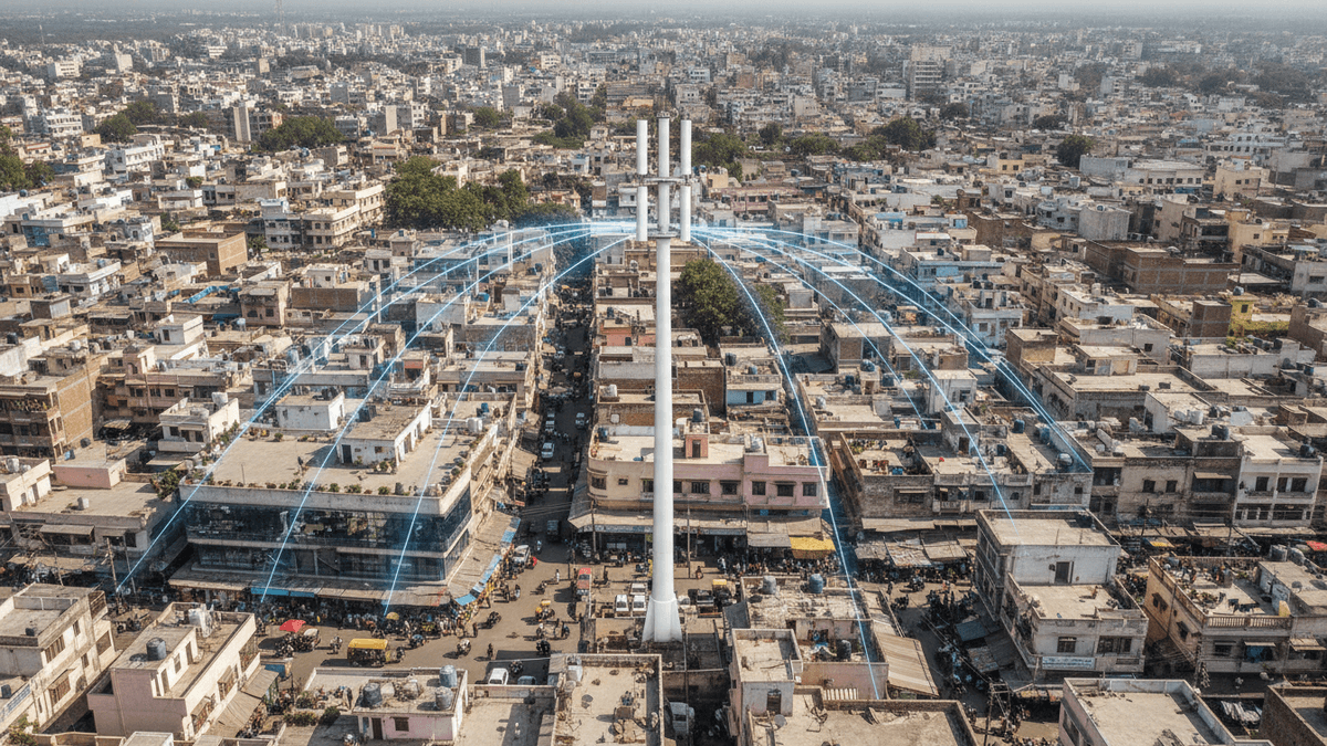 An aerial medium-wide shot of a modern 5G network antenna standing prominently in a dense Indian city.