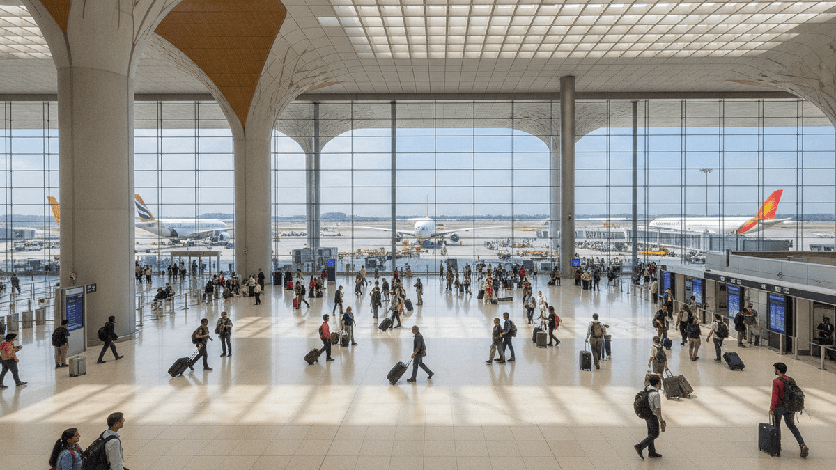 A wide shot of a bustling, brightly lit airport terminal with many diverse passengers and multiple international aircraft visible on the tarmac.