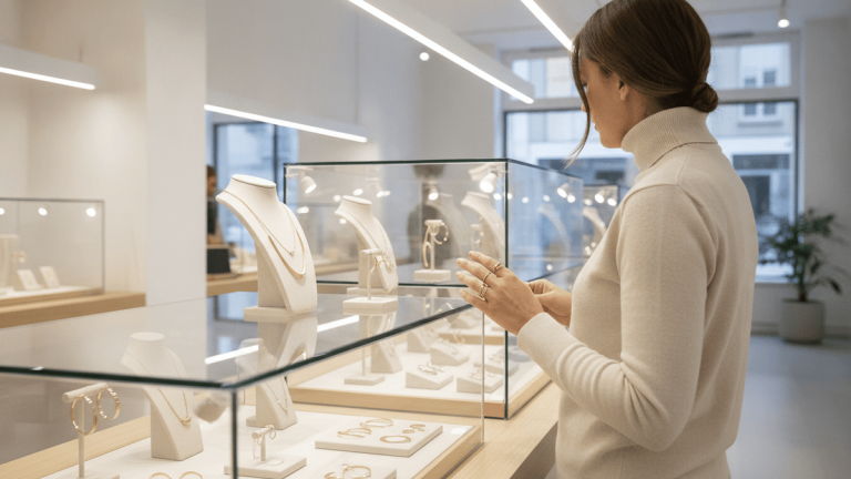 A customer in a turtleneck sweater browses modern jewellery displays in a clean, brightly lit store.