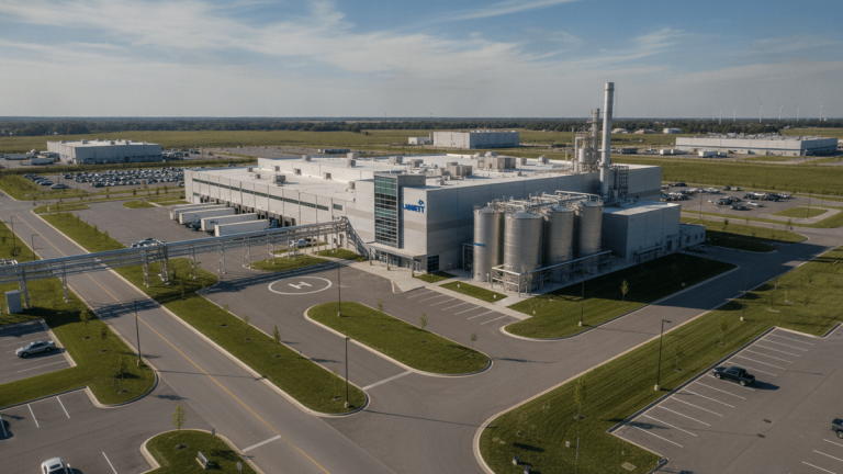 Aerial view of a large, modern pharmaceutical manufacturing facility with silver tanks, loading docks, and parking lots.