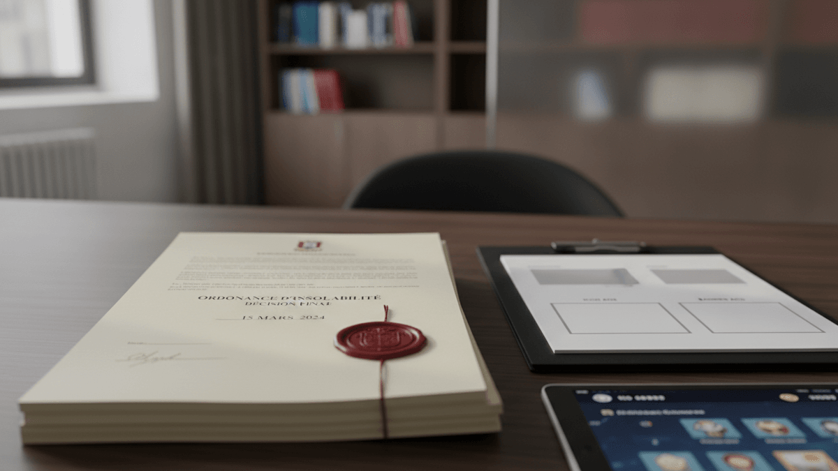 A stack of legal documents with a red wax seal, a clipboard, and a tablet on a wooden desk in a legal office.