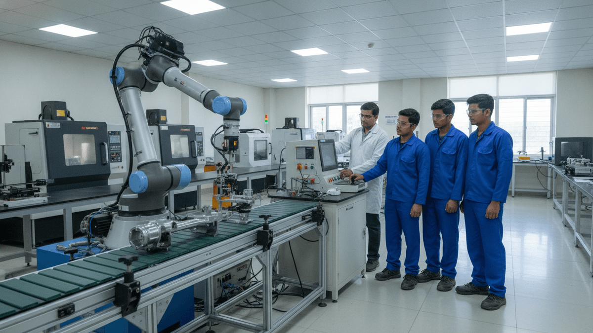 Four students and one instructor observe a robotic arm on a conveyor belt in a bright, clean industrial training lab.