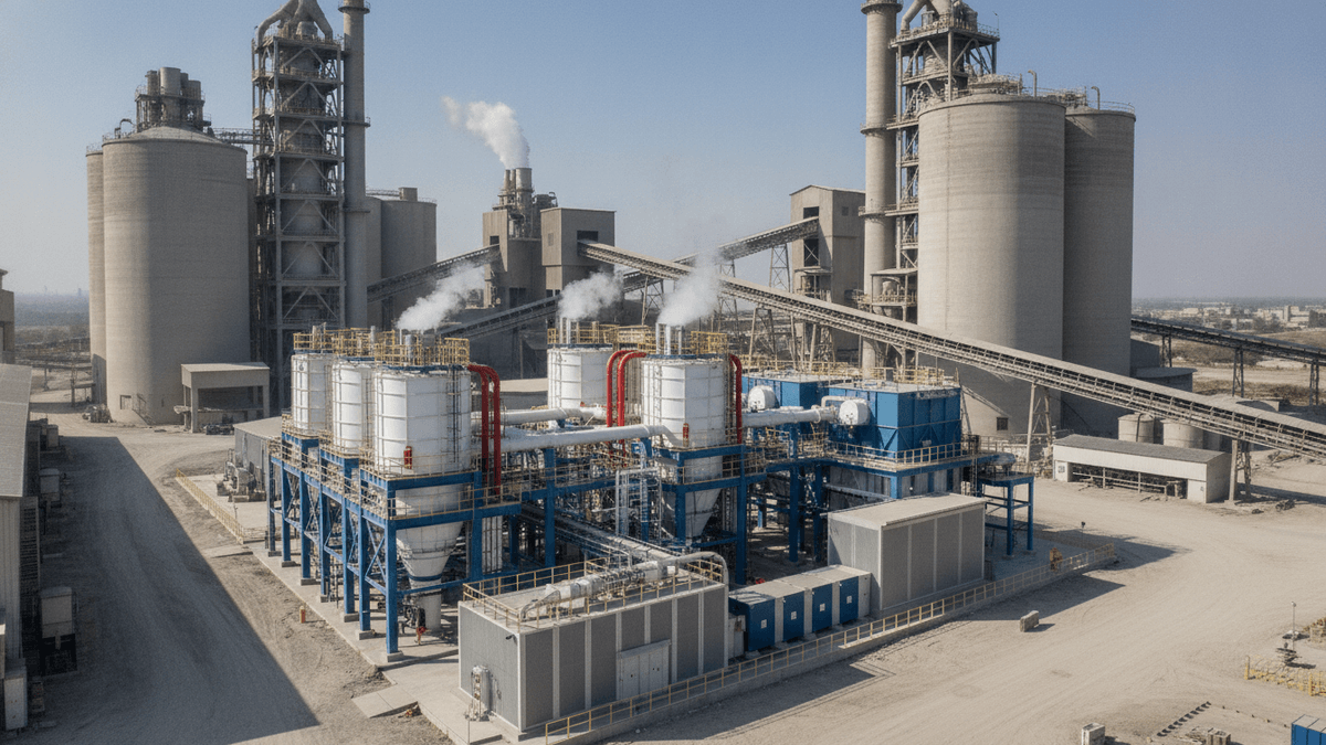 A wide shot of a large industrial cement manufacturing plant with modern carbon capture and electric heating equipment.