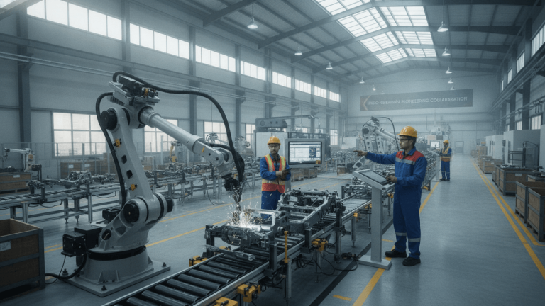Wide shot of an Indian factory floor with automated machinery and workers in safety gear.