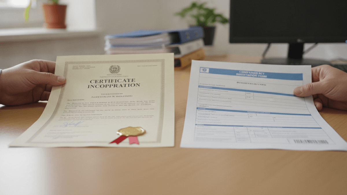 A close-up of hands separating two official-looking company documents, a certificate of incorporation and a registration form, on a desk.