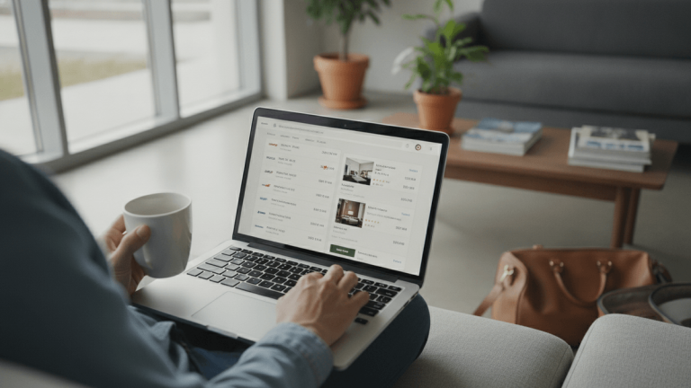 A person sits on a sofa, using a laptop with a travel booking interface showing flights and hotel options.