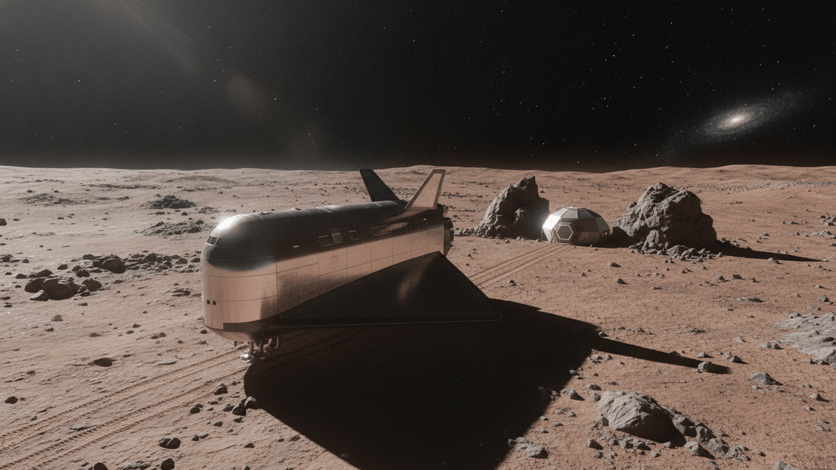 A Starship vehicle landed on a barren, rocky celestial body with a small habitat and tracks on the surface.