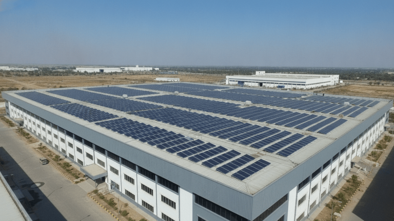 An aerial wide shot of a large industrial factory building with solar panels on its roof under a clear blue sky.