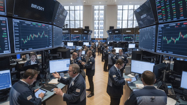 A busy stock exchange trading floor with multiple screens displaying financial data and traders interacting.