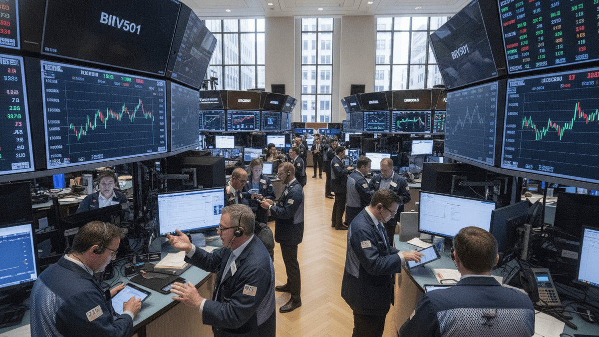 A busy stock exchange trading floor with multiple screens displaying financial data and traders interacting.