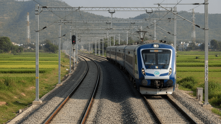 A modern blue and white Indian Railways train moves on newly laid tracks with overhead electrification gantries against a backdrop of green fields and hills.