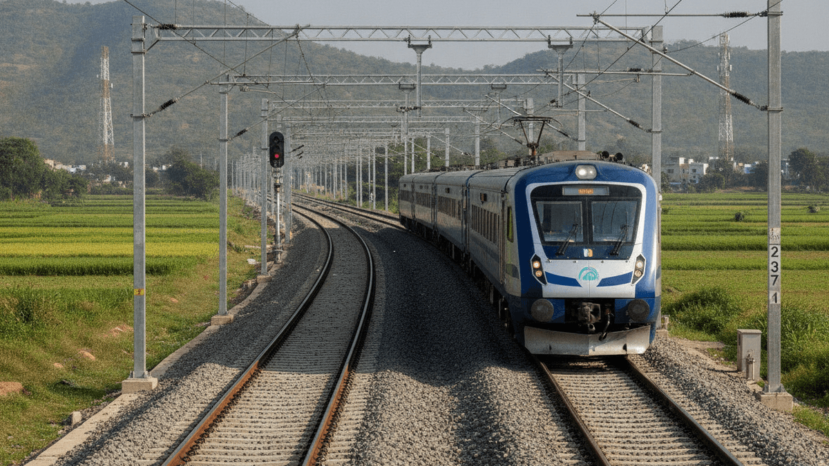 A modern blue and white Indian Railways train moves on newly laid tracks with overhead electrification gantries against a backdrop of green fields and hills.