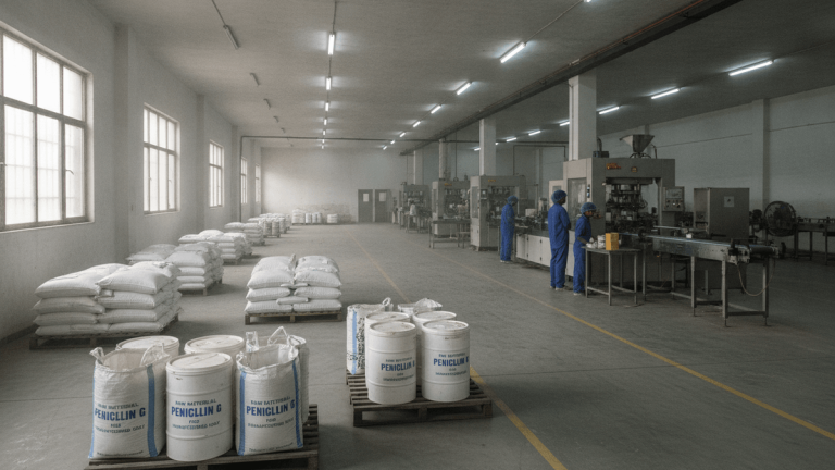 An empty Indian pharmaceutical production floor with a few workers, idle machines, and bags labeled "Penicillin G".