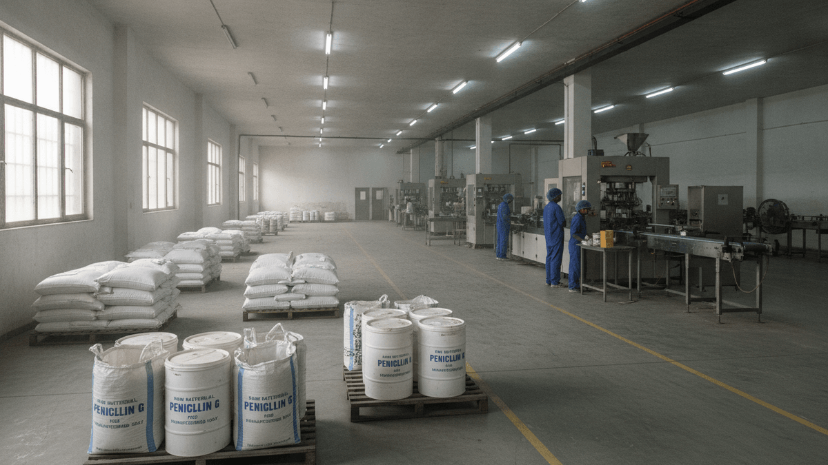 An empty Indian pharmaceutical production floor with a few workers, idle machines, and bags labeled "Penicillin G".
