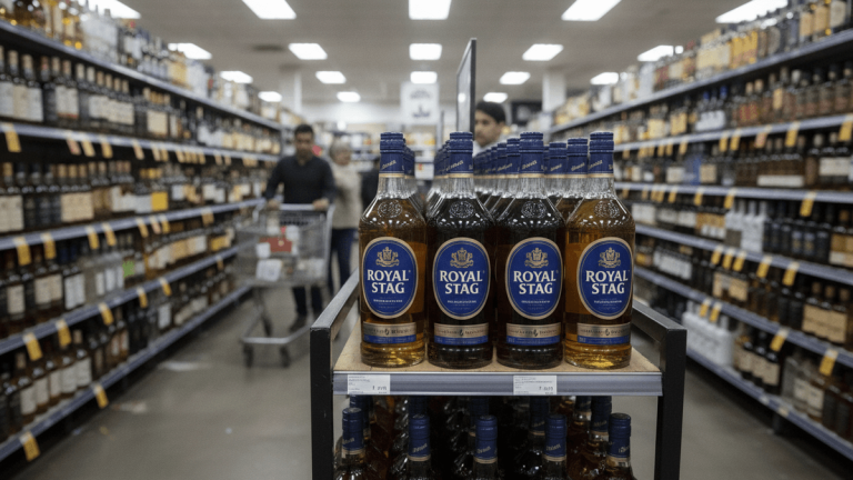 Royal Stag whisky bottles in focus on a central shelf, with blurred liquor store aisles and customers in the background.