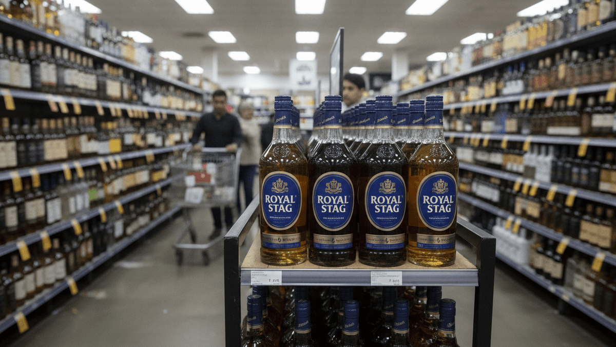 Royal Stag whisky bottles in focus on a central shelf, with blurred liquor store aisles and customers in the background.