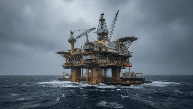 A large deepwater oil and gas rig with cranes and derricks, surrounded by rough ocean waves under a stormy sky.