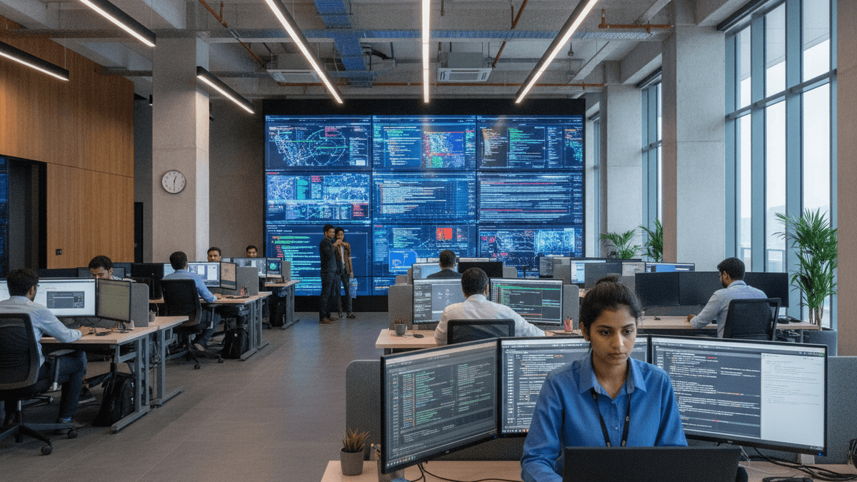 A modern, bustling Security Operations Centre in Bengaluru, India, with analysts monitoring multiple screens.
