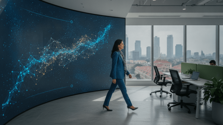 A woman in a blue suit walks past a large digital display showing network connections in a modern office with a city view.