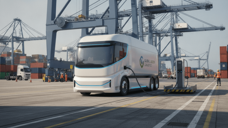 A white futuristic electric truck with a charging cable connected, parked in a port terminal with shipping containers and cranes.