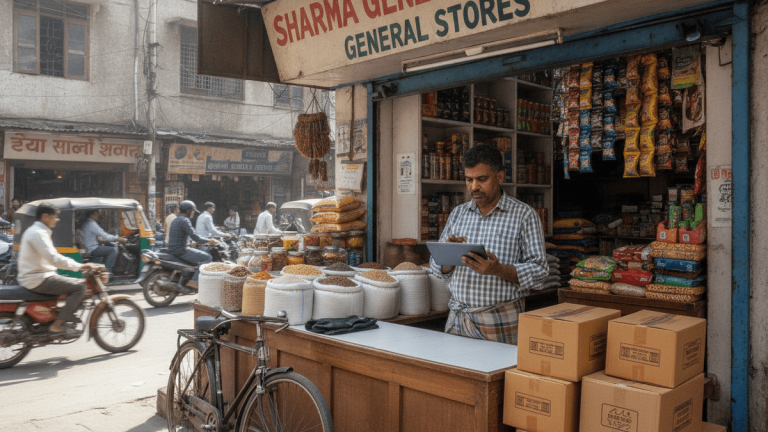 A man in a plaid shirt uses a tablet inside a traditional Indian kirana store, surrounded by goods and delivery boxes.
