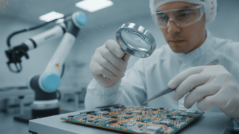 An engineer in cleanroom attire examines an electronic substrate with a magnifying lens and tweezers. A robotic arm is blurred in the background.