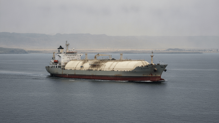 An empty LPG tanker, "Al Fatima," drifts in the Strait of Hormuz with distant coastlines visible under overcast skies.