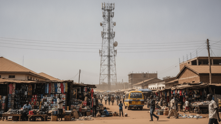 A telecommunications tower in the midground of a bustling African street scene with market stalls, people, and buildings.