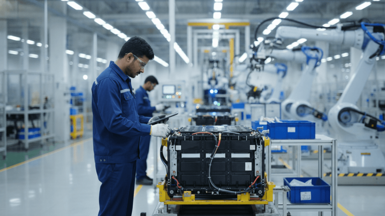 A technician in safety glasses and blue overalls inspects a battery pack on a production line, with robots in the background.