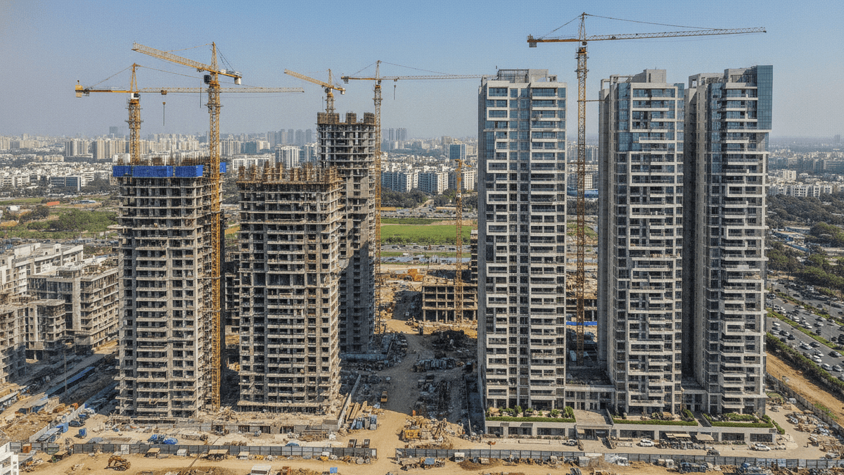 An aerial view of a sprawling construction site in an urban area, with multiple cranes and partially built high-rise residential towers alongside completed modern buildings.