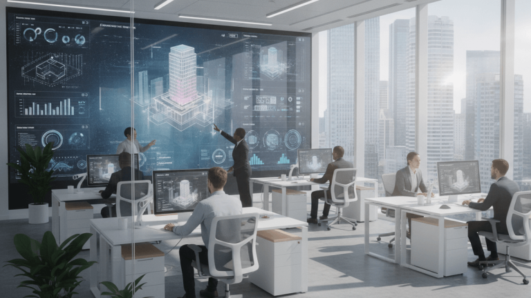 A modern office interior with large digital displays showing architectural models and data visualizations, with a city skyline outside.