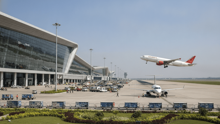 A modern airport terminal building and an active runway with two commercial passenger jets and ground crew.