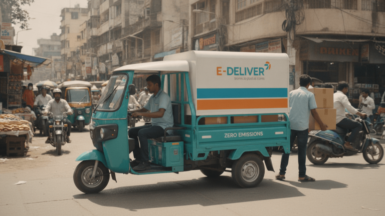 An electric cargo three-wheeler with "E-DELIVER" branding on the side is parked on a busy street in India, with a driver inside and another person loading packages.