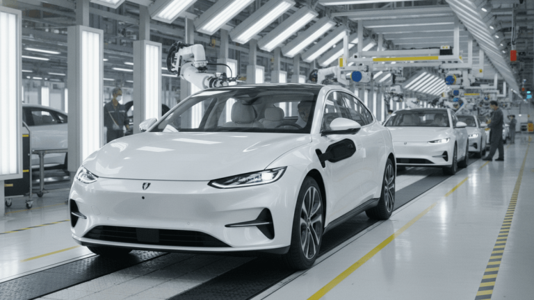 A white electric vehicle with a visible charging port moves along an assembly line, with robotic arms in the background.