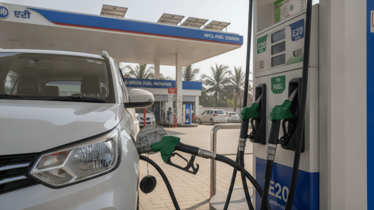 A white car being refueled with E20 fuel at an HPCL station in India on a clear day.