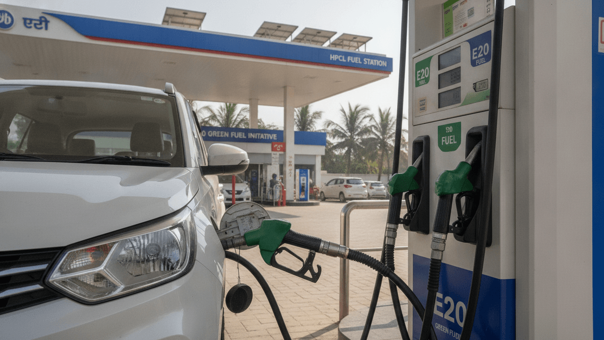 A white car being refueled with E20 fuel at an HPCL station in India on a clear day.