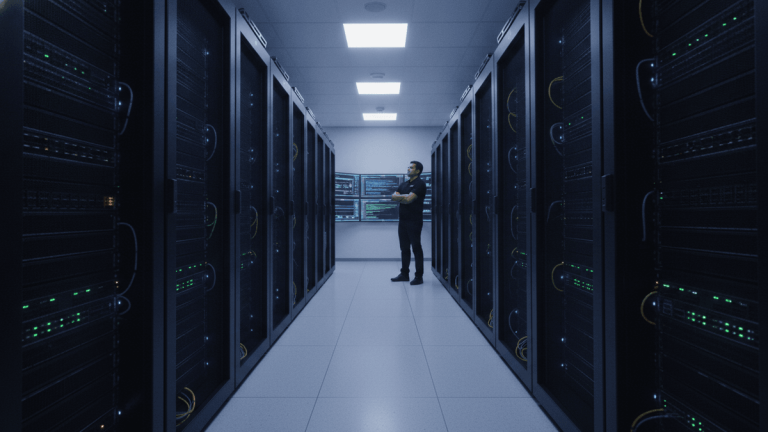 A man in a dark shirt stands with arms crossed in a server room hallway, facing away from the camera. Rows of server racks line the hall.