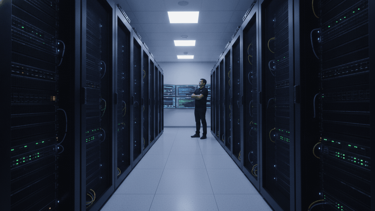 A man in a dark shirt stands with arms crossed in a server room hallway, facing away from the camera. Rows of server racks line the hall.