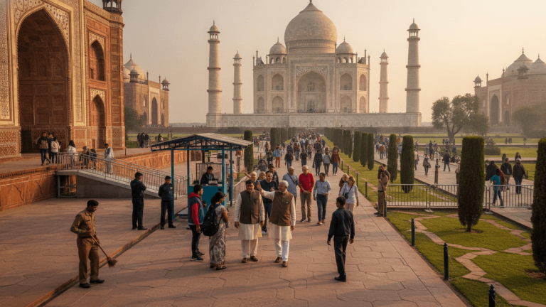 A wide shot of the Taj Mahal at sunset, with a large crowd of tourists and guides visible on the pathways.