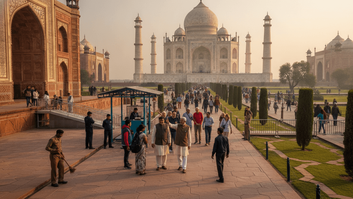 A wide shot of the Taj Mahal at sunset, with a large crowd of tourists and guides visible on the pathways.