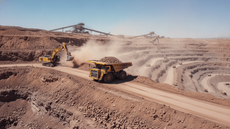 An aerial view shows an active open-pit mine with an excavator loading a large haul truck, kicking up dust.