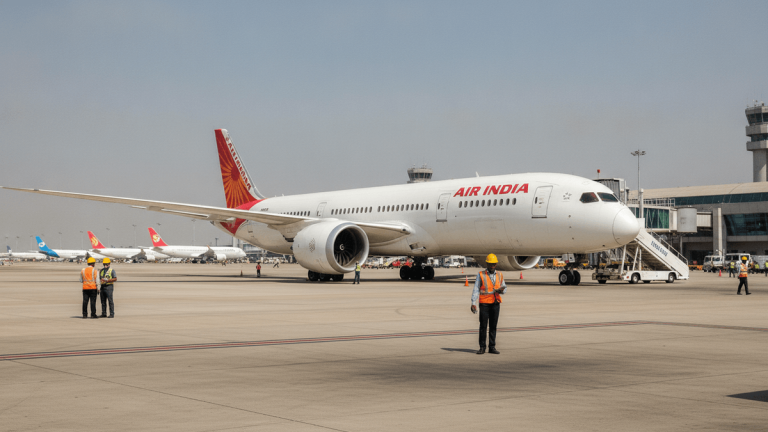 An Air India aircraft on a tarmac with ground crew, other planes, and airport buildings under a clear sky.