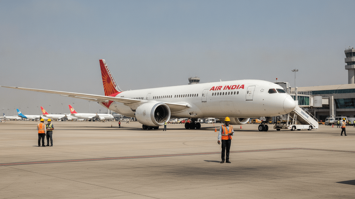 An Air India aircraft on a tarmac with ground crew, other planes, and airport buildings under a clear sky.