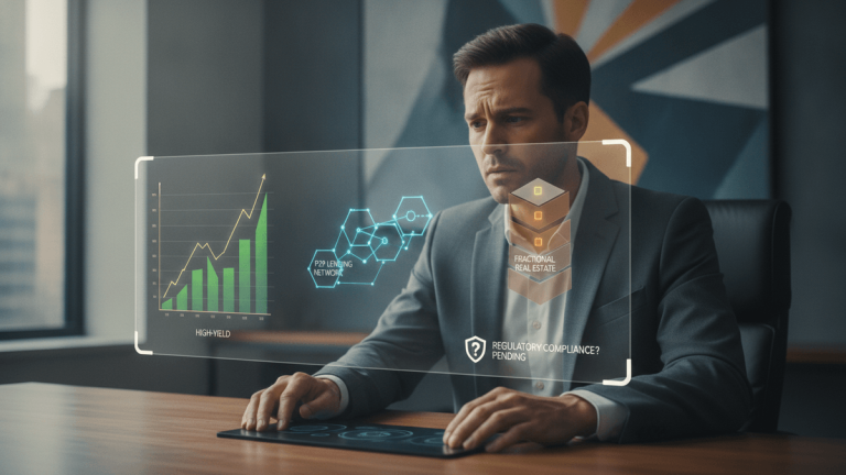 A man in a suit looks intently at a holographic screen displaying investment data and financial product visuals.